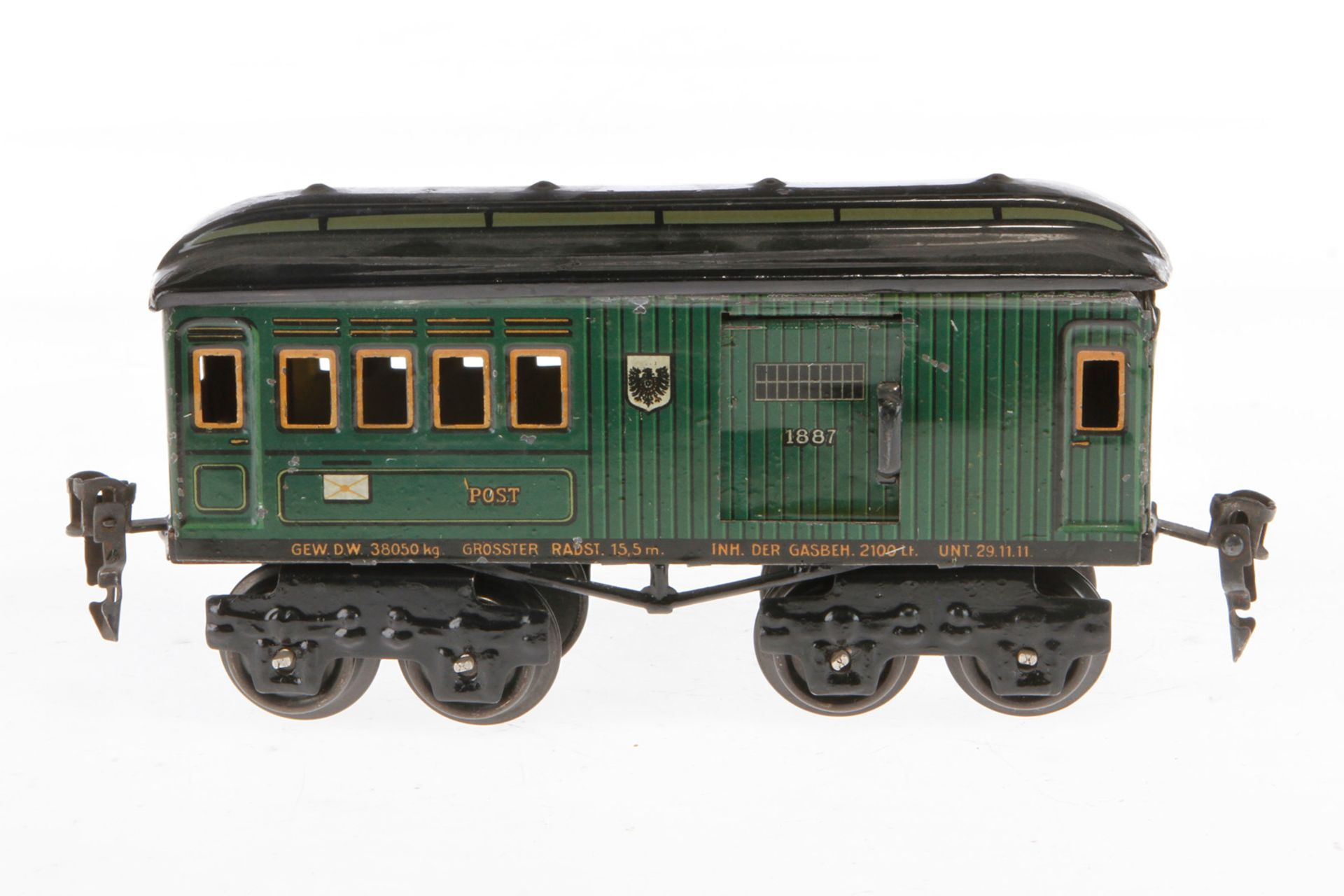 Märklin Post/Gepäckwagen 1887, Spur 0, CL, mit 2 ST, LS tw ausgeb., gealterter Lack, L 16,5, Z 3