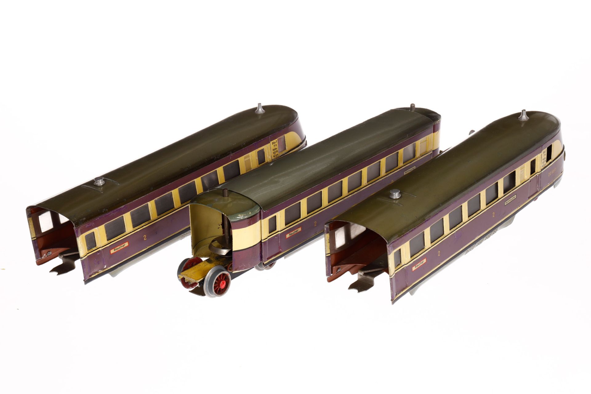 Märklin 3-teiliger Triebwagen TW 66/12940, Spur 0, elektr., creme/violett HL, Dach von Mittelwagen - Bild 3 aus 4