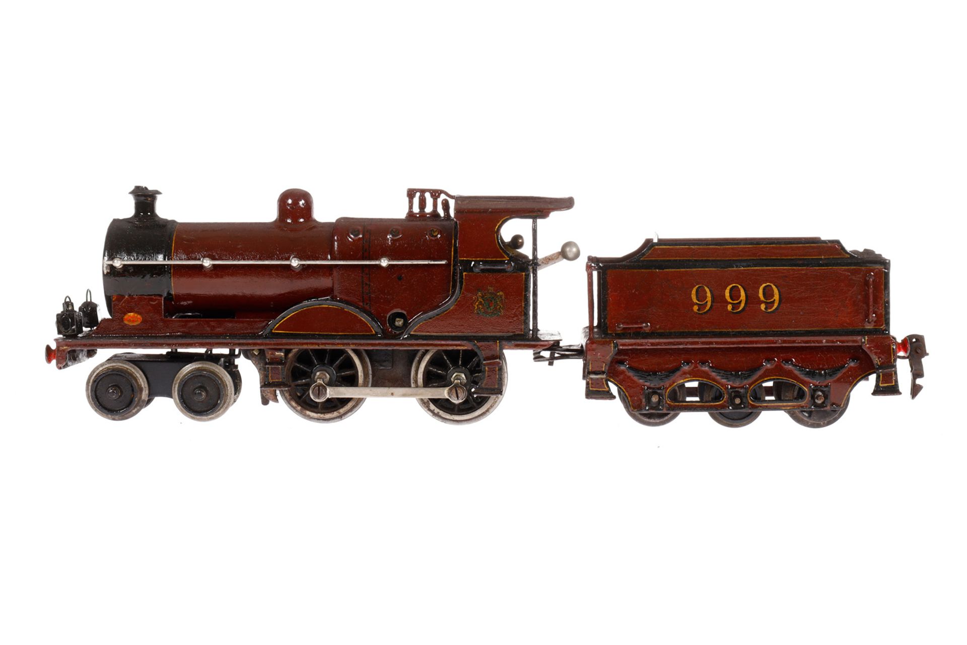 Märklin engl. 2-B Dampflok E 1020 MR, Spur 0, rotbraun/schwarz, mit Tender ”999” und 2 imit.