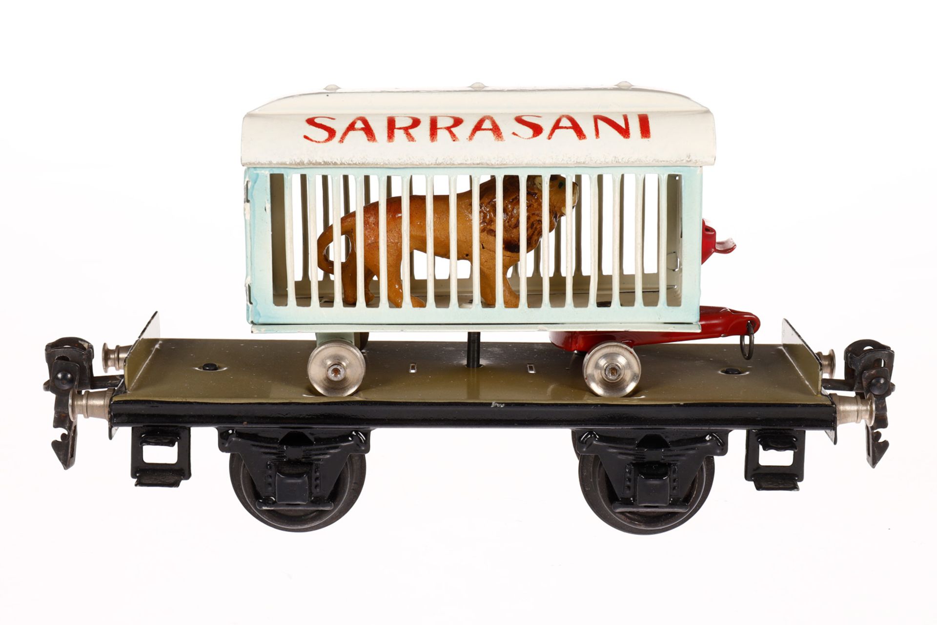 Märklin Plattformwagen 1983, Spur 0, HL, mit Sarrasani Tierwagen und Löwe, LS tw ausgeb., gealterter