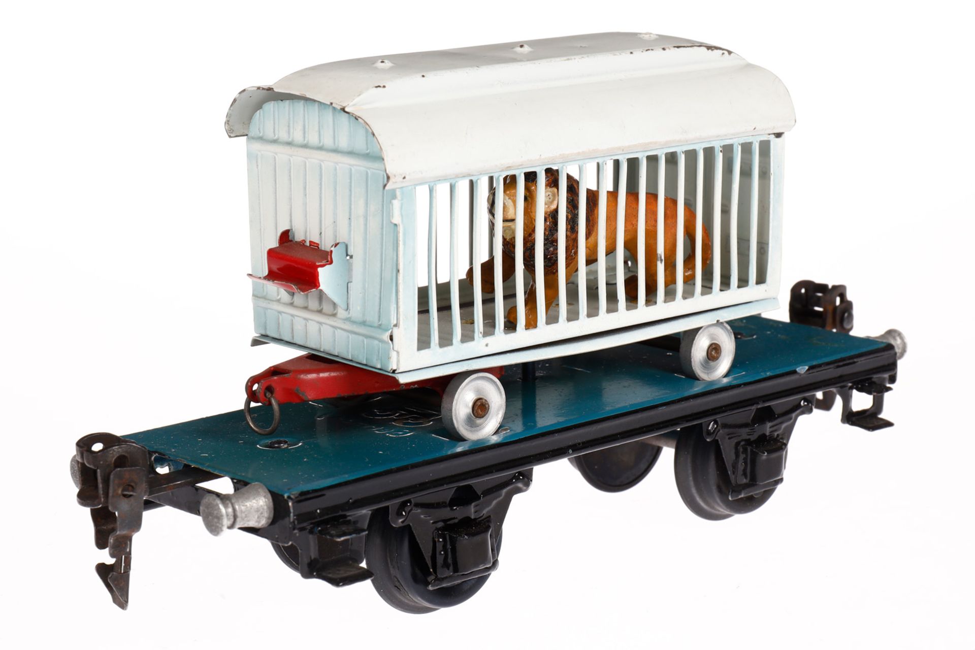 Märklin Plattformwagen mit Tierwagen 1983, Spur 0, unbeschriftet, L 16,5, leichte Gebrauchsspuren, Z - Bild 3 aus 5