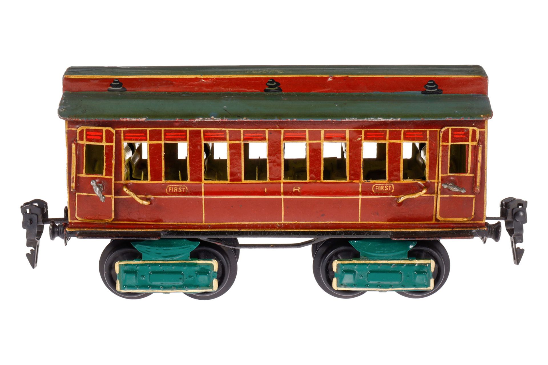 Märklin engl. Personenwagen 1899 MR, Spur 0, uralt, HL, mit Inneneinrichtung und 4 AT, 1. Klasse,