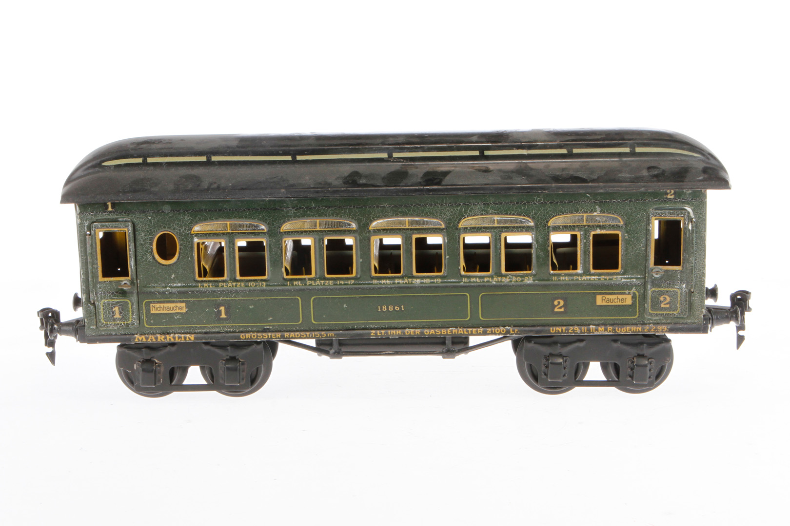 Märklin Personenwagen 1888, Spur 1, CL, mit Inneneinrichtung und 4 AT, tw nachlackiert, L 33, Z 4