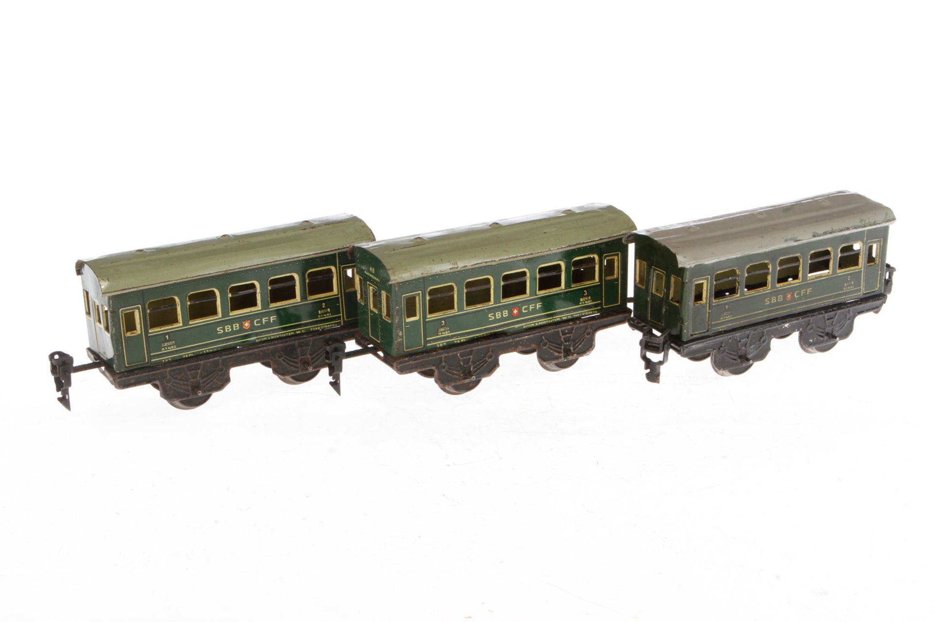 3 Bub schweizer Personenwagen, Spur 0, CL, mit Fixkupplungen, LS, L 14, Z 3