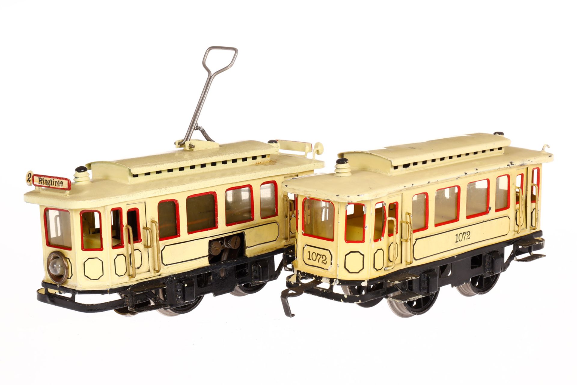 Märklin Straßenbahn, Motorwagen und Anhänger 1072, Spur 0, creme HL, Alterungs- und Gebrauchsspuren, - Image 2 of 5