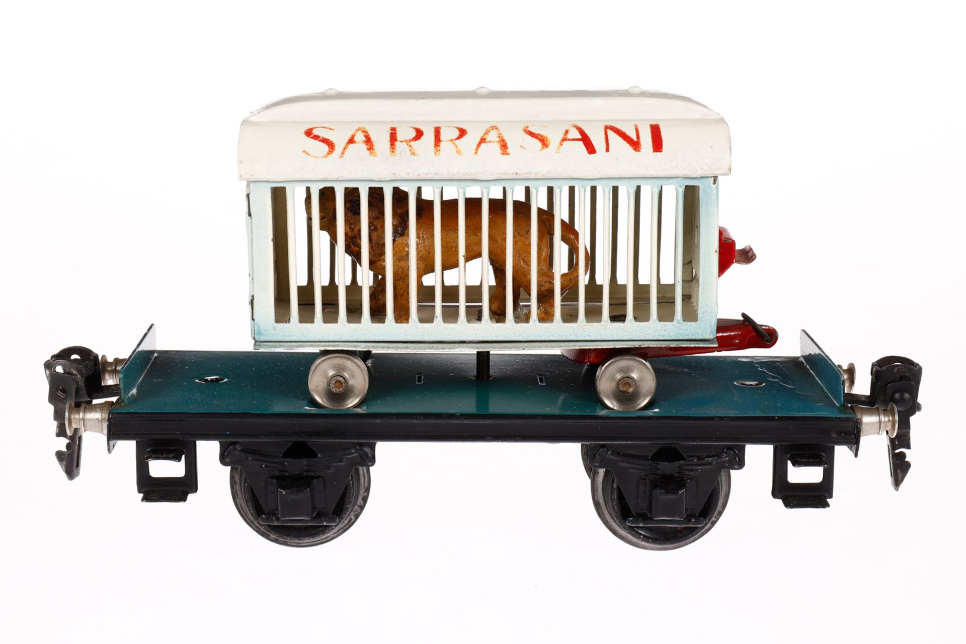 Märklin Plattformwagen 1983, Spur 0, HL, mit Sarrasani Tierwagen und Löwe, Plattform tw rest., LS