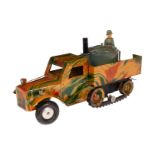 Märklin Feldküchen-LKW, mit einem Soldaten, Topf fehlt, Mimikry HL, Uhrwerk intakt, L 19, Z 2