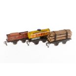 3 Kraus Güterwagen, Spur 0, CL, mit Ladung, Alterungsspuren, L 13,5, Z 3