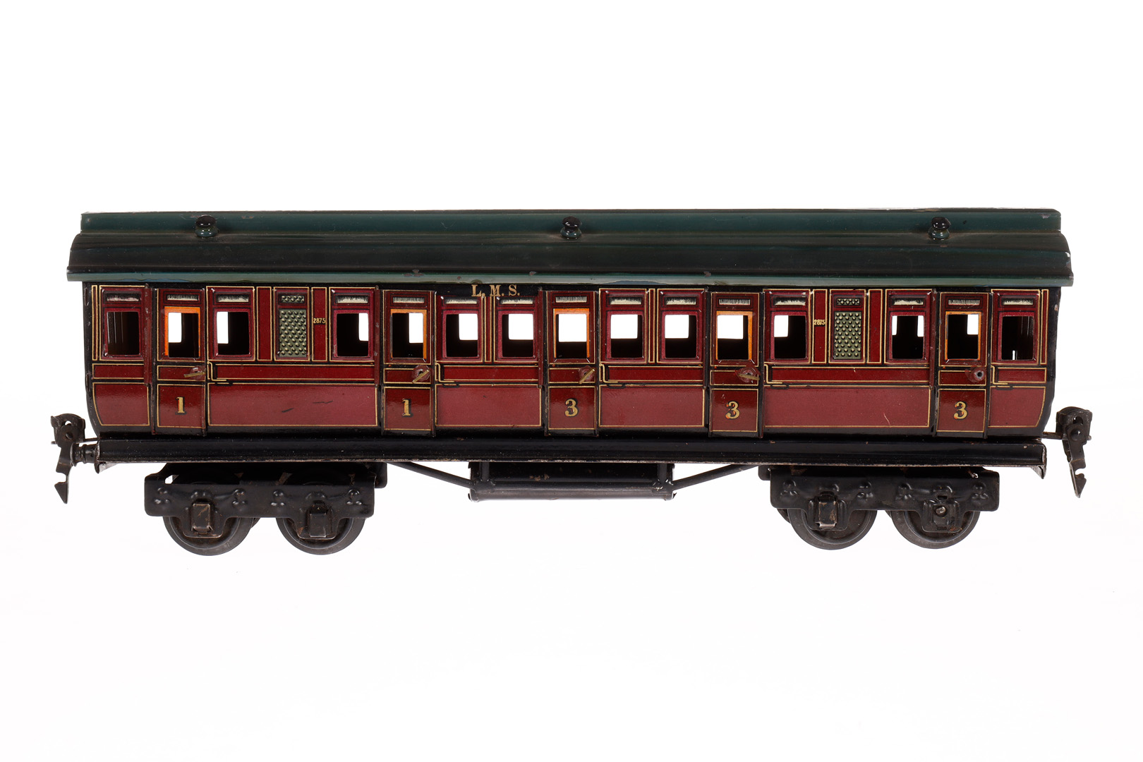 Märklin engl. Abteilwagen 2875 LMS, Spur 0, CL, mit 10 AT, 1 Türgriff, 2 Achslagerblenden und 1