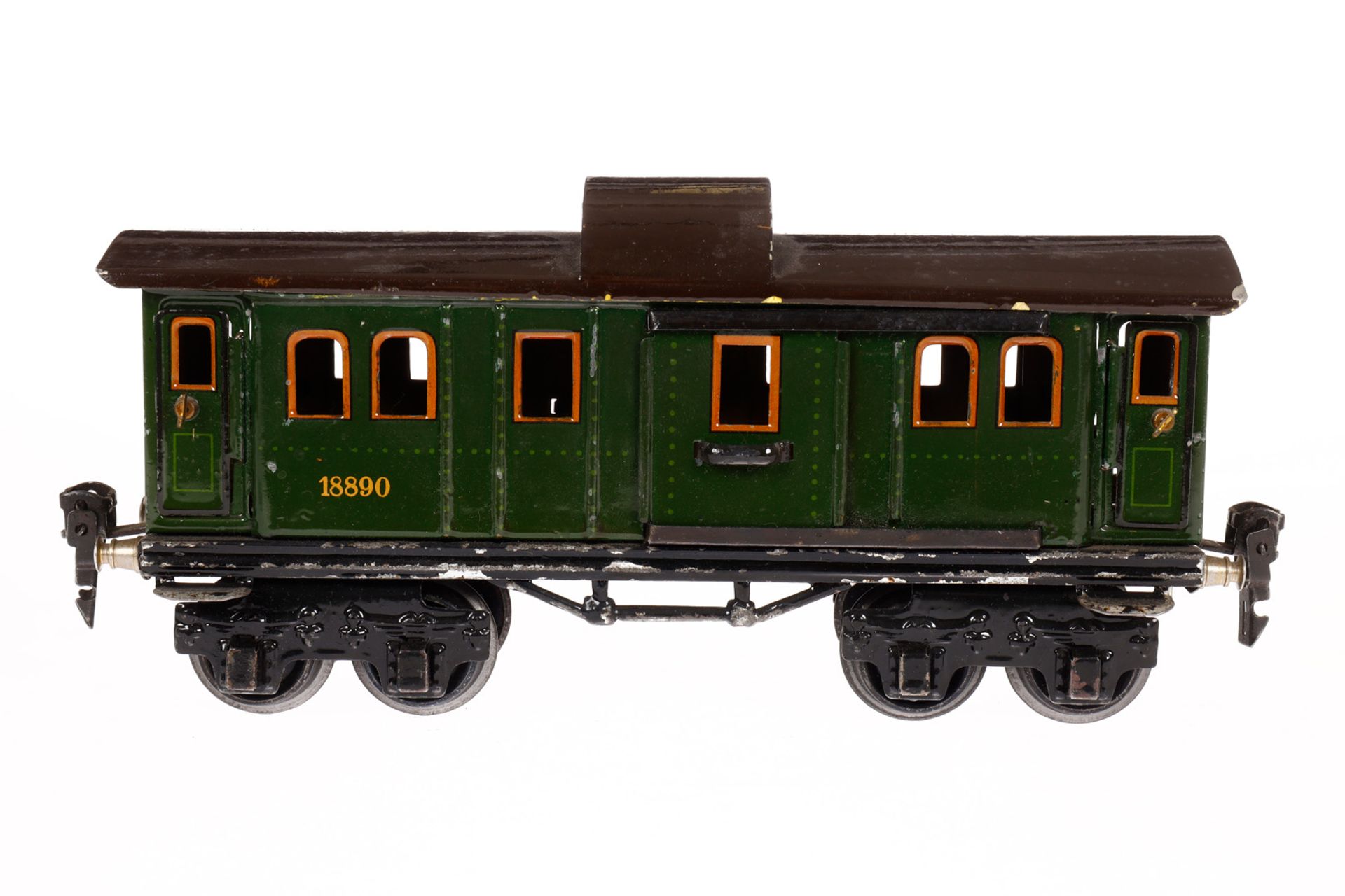 Märklin Gepäckwagen 1889, Spur 0, CL, mit 4 AT und 2 ST, 1 Dachlasche fehlt, LS, L 21,5, Z 3