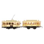 Märklin Straßenbahn, Motorwagen und Anhänger 1072, Spur 0, creme HL, Alterungs- und Gebrauchsspuren,