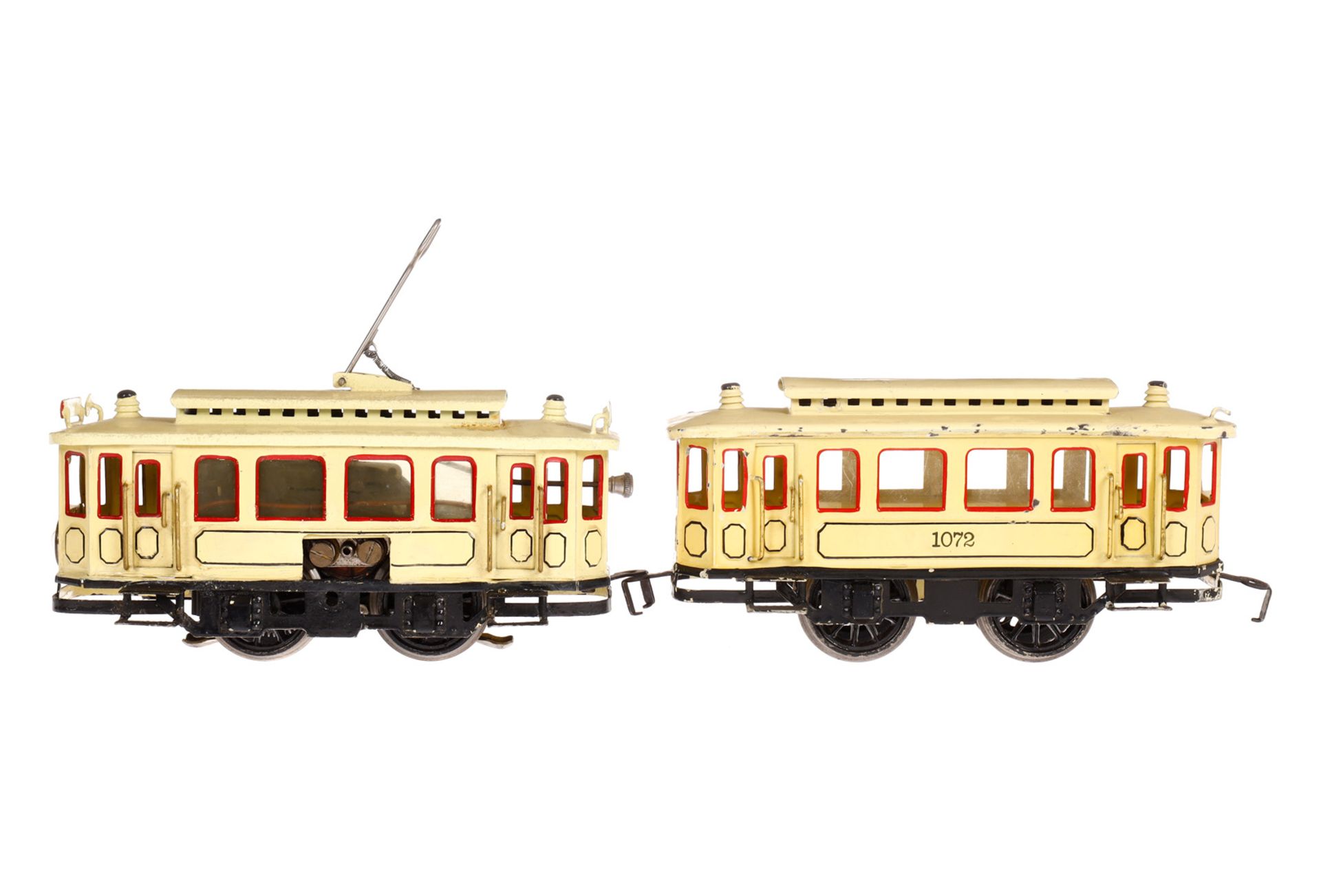 Märklin Straßenbahn, Motorwagen und Anhänger 1072, Spur 0, creme HL, Alterungs- und Gebrauchsspuren,