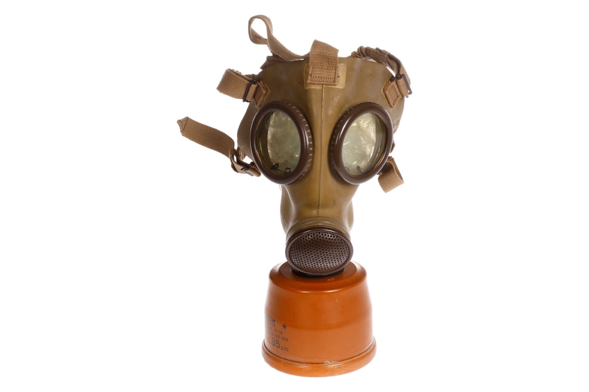 Italienische Militär-Gasmaske ”Pirelli Lic. S.C.M. Nr. 14”, 13. 6. 1936, Mod. Pir. 35, in