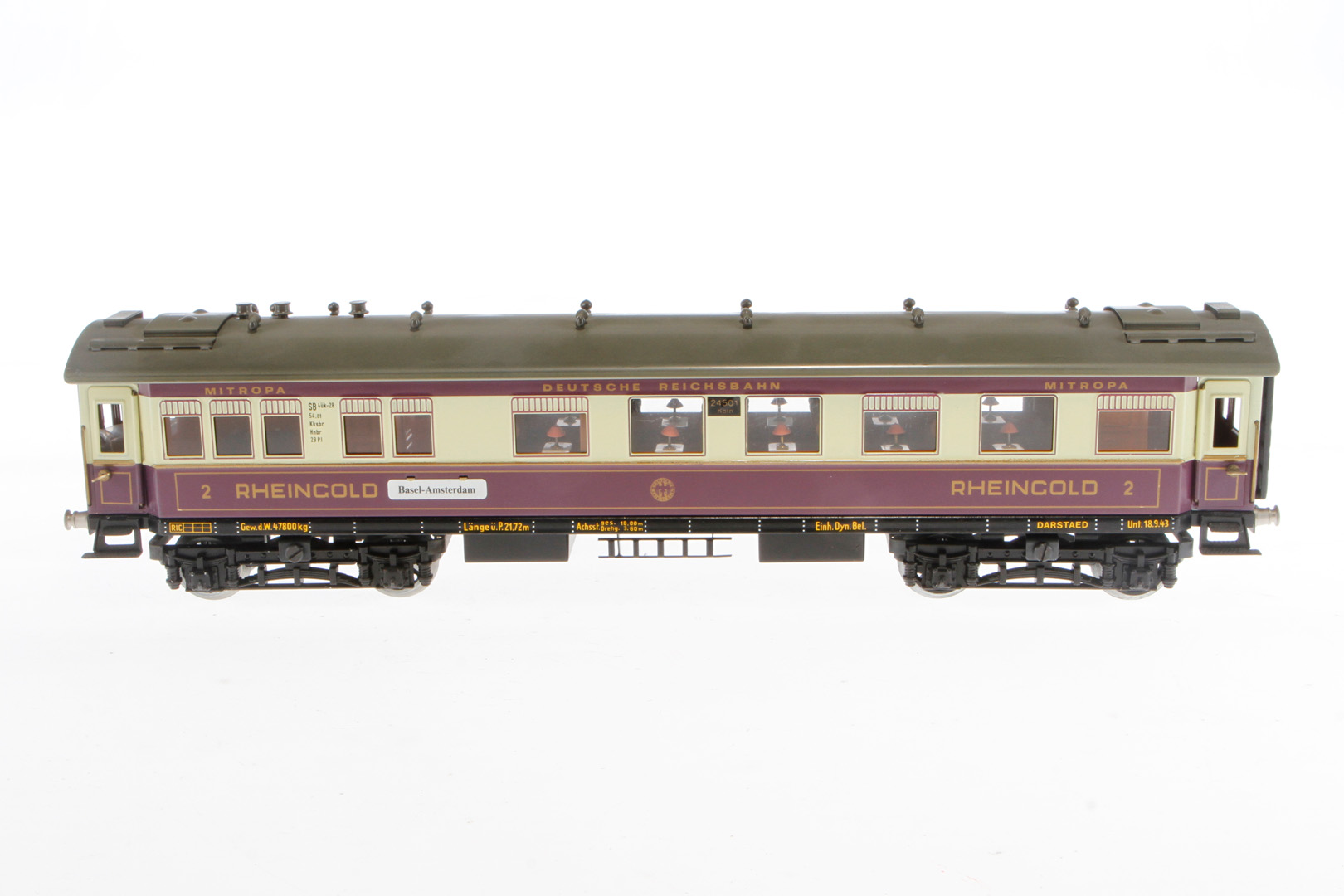 Darstaed Rheingoldwagen 24501, Spur 0, creme/violett, mit Inneneinrichtung, 4 AT und Schildern, 2.