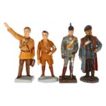 4 Elastolin/Lineol Führerfiguren, 3x Göring und 1x Hindenburg, Göring im Mantel stark rissig,