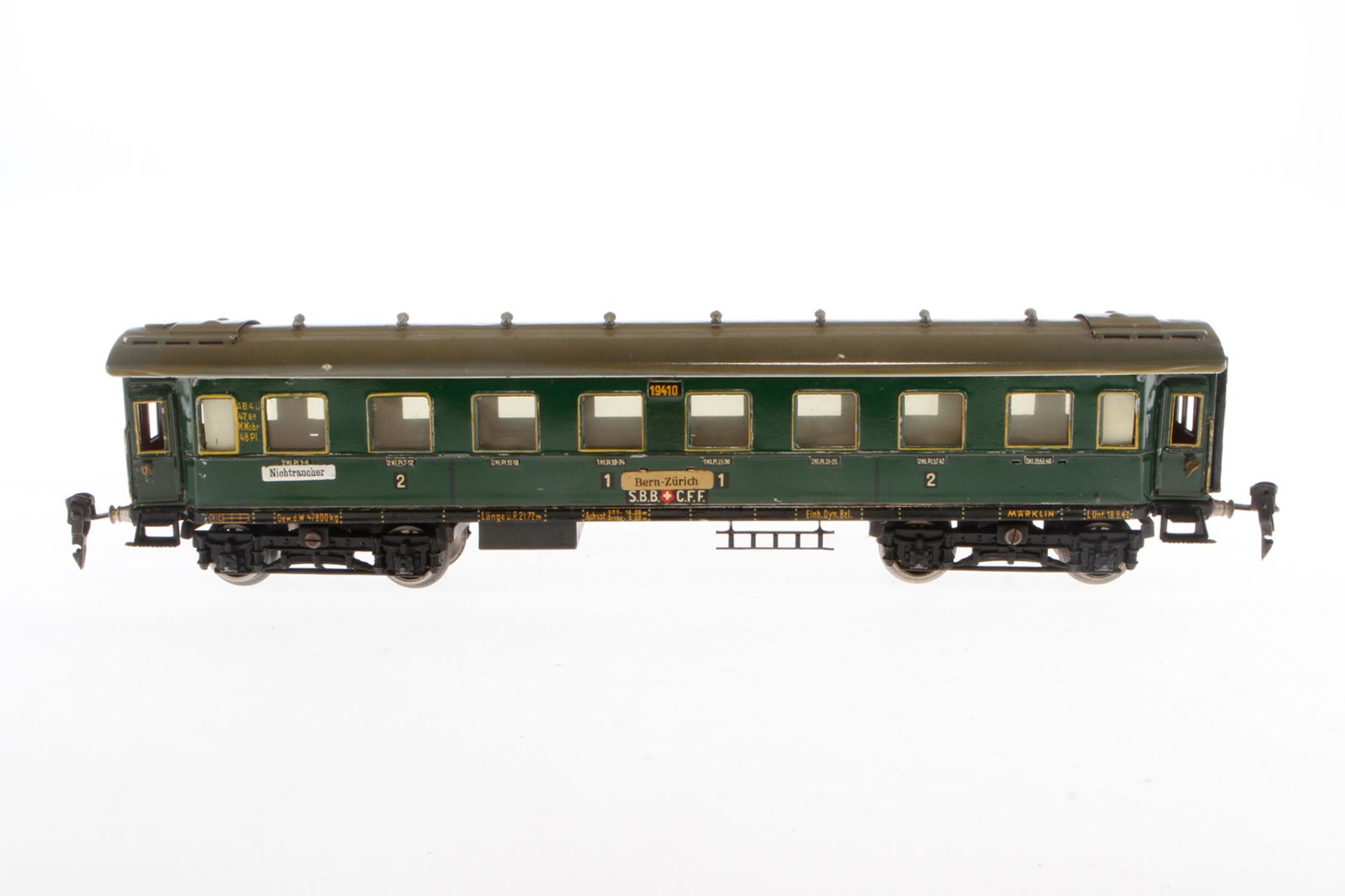 Märklin schweizer Personenwagen 1941, Spur 0, CL, mit 4 AT und Gussrädern, 2 Schilder und 1