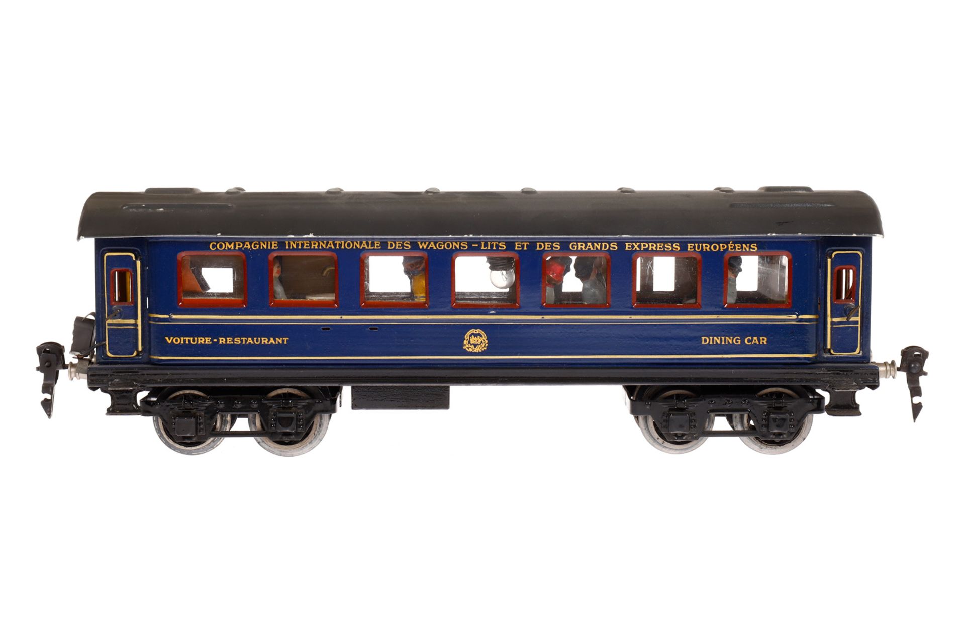 Märklin internationaler Speisewagen 1846 G, Spur 0, blau HL, 4 AT, 4A-Gussräder, mit