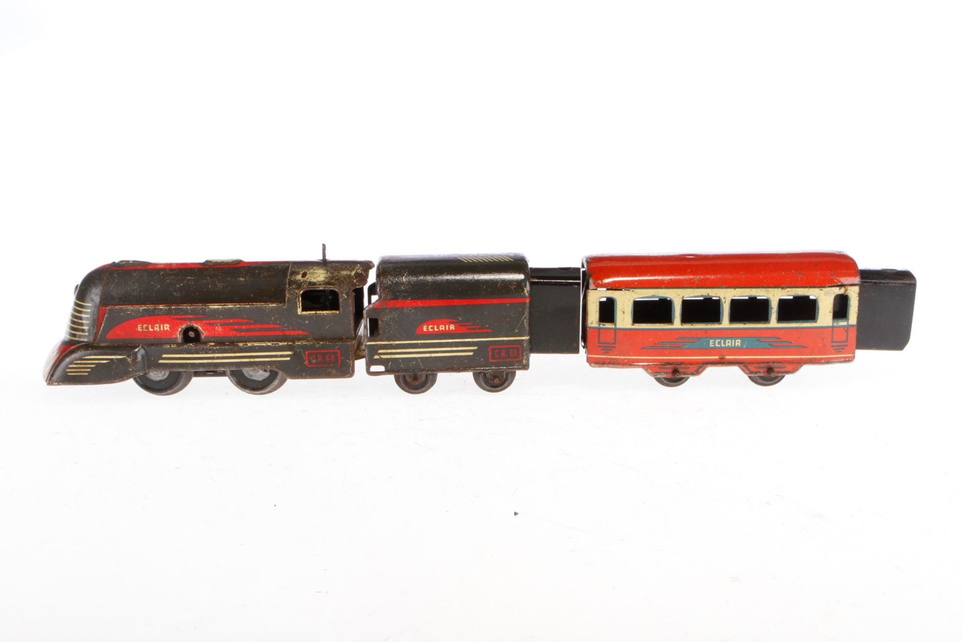 CR Zug ”Eclaire”, Spur 0, Uhrwerk intakt, mit Lok, Tender und Wagen, NV, Z 4