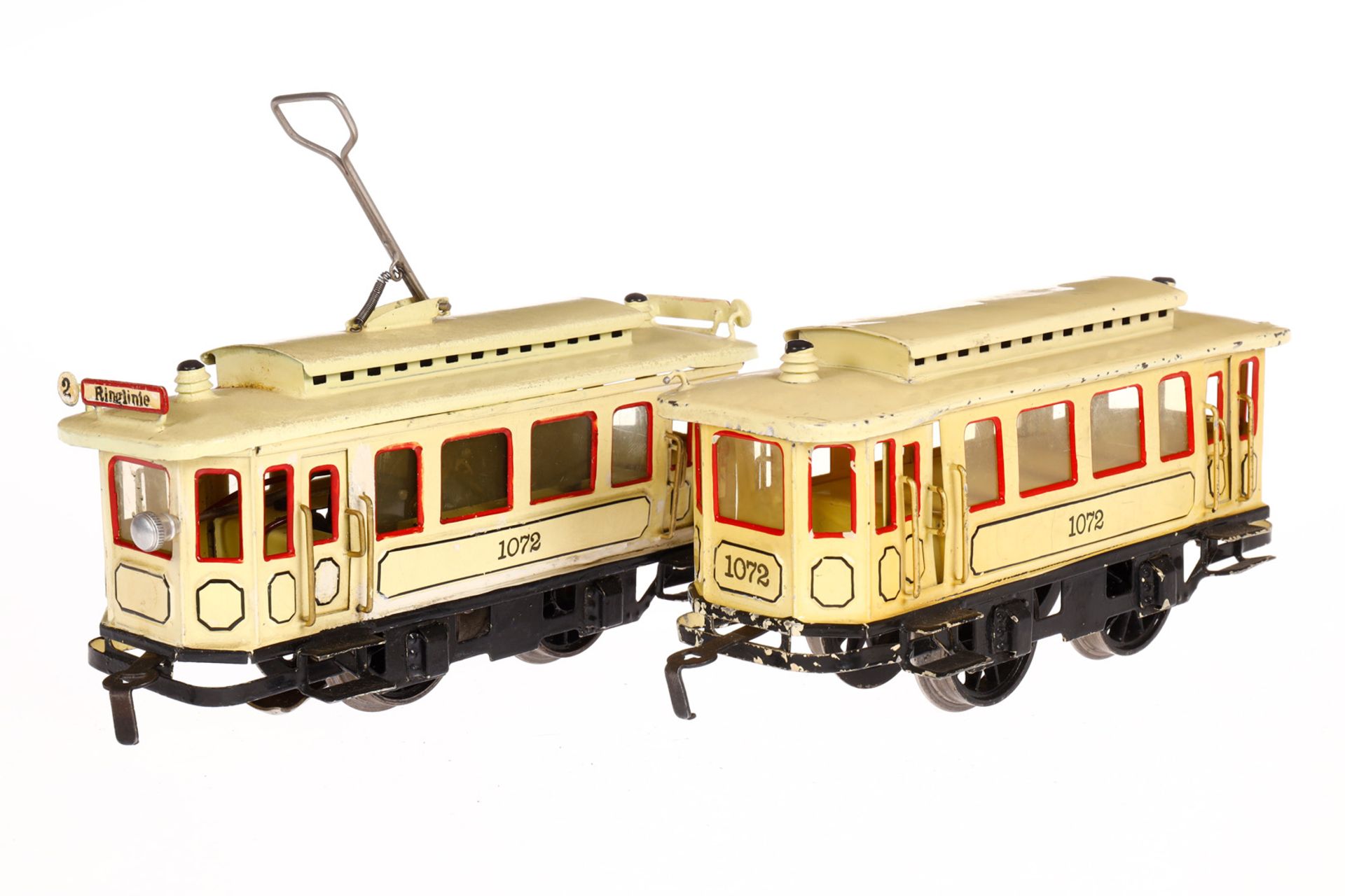 Märklin Straßenbahn, Motorwagen und Anhänger 1072, Spur 0, creme HL, Alterungs- und Gebrauchsspuren, - Image 3 of 5