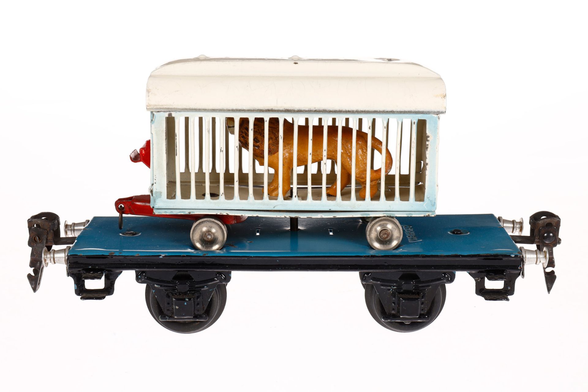 Märklin Plattformwagen 1983, Spur 0, HL, mit Tierwagen und Löwe, LS und gealterter Lack, L 16,5, Z