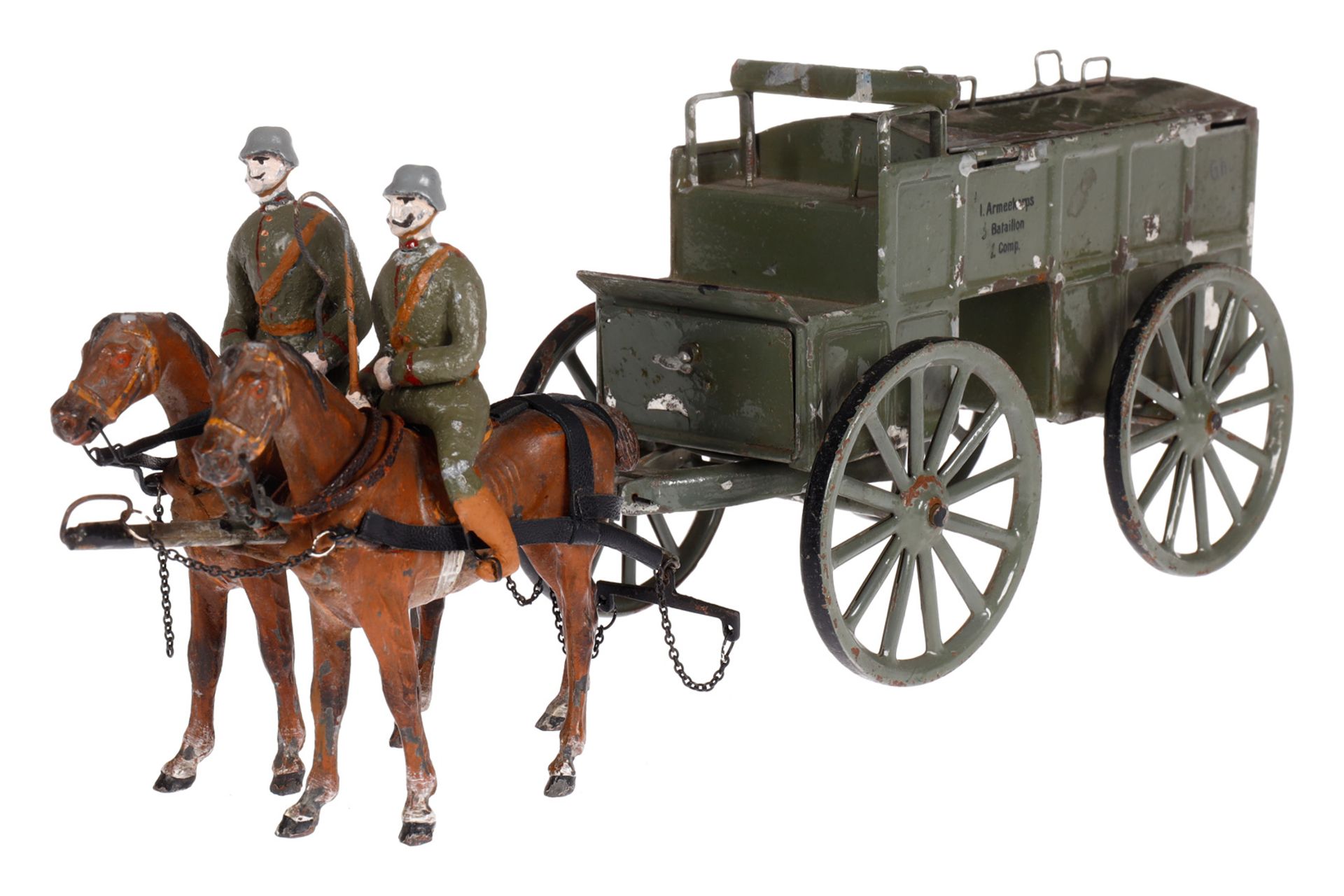 Märklin Militär-Pferdegespann, mit 2 Soldaten und Kastenwagen, I. Armeecorps-Bataillon Comp., uralt,