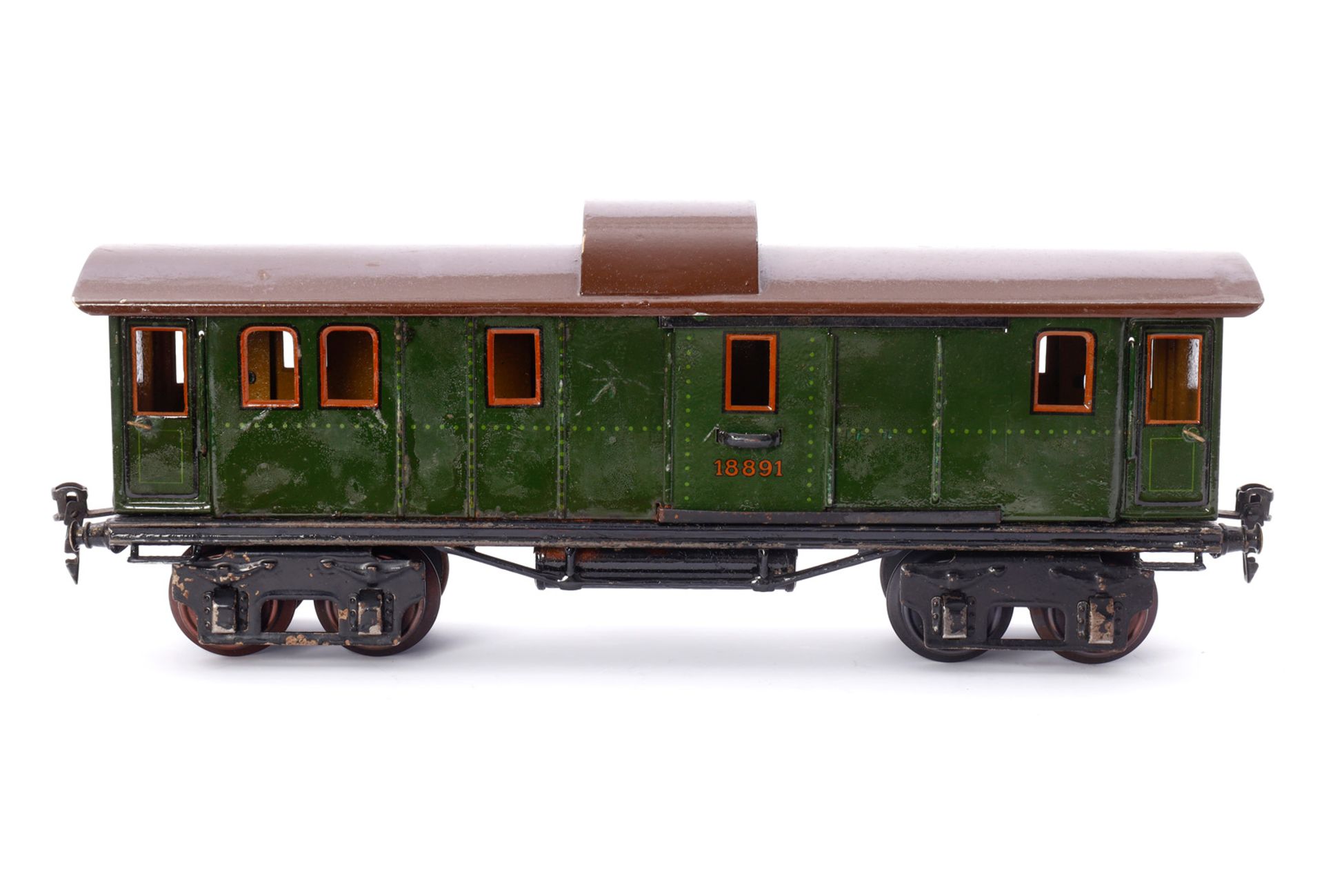 Märklin Gepäckwagen 1889, Spur 1, CL, mit 4 AT und 2 ST, Trittstufen ergänzt, LS tw ausgeb.,