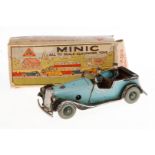 Tri-ang Minic Toys offene Limousine, blau/schwarz, Uhrwerk intakt, mit 2 Figuren, LS, im besch.