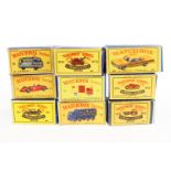 9 Matchbox Modellfahrzeuge 1, 10, 13, 15, 20, 21, 35, 51 und 73, Alterungsspuren, je im Nachbau-