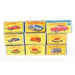 9 Matchbox Modellfahrzeuge 9, 29, 2x 32, 41, 47, 55, 67 und 74, Alterungsspuren, je im Nachbau-