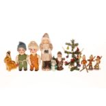 Konv. Weihnachtsdekoration für Puppenstuben, Nikolaus und 2 Biskuitporzellankopf-Puppen als