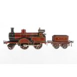 Bing engl. 1-B Dampflok 2631 MR, Spur 1, uralt, Uhrwerk intakt, rotbraun/schwarz, mit Tender, LS