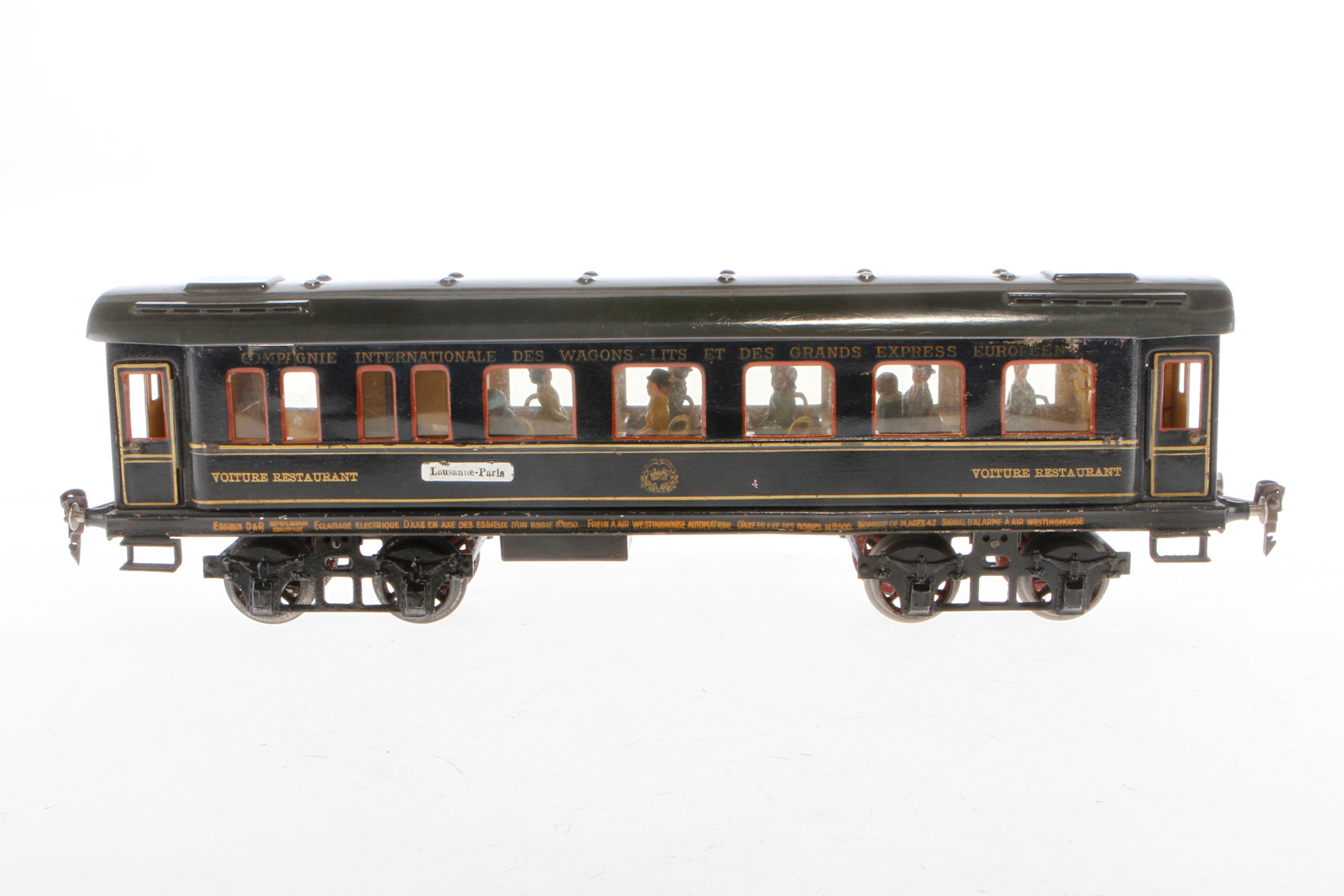 Märklin int. Speisewagen 1846 G, Spur 1, HL, mit Inneneinrichtung (1 Stuhl fehlt), 4 AT, Schildern