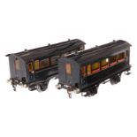 2 Märklin Personenwagen 1874, Spur 1, CL, tw LS, Rahmen tw ausgebessert, gealterter Lack und tw