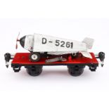 Märklin Plattformwagen 1708, Spur 0, HL, mit Junkers-Flugzeug, Uhrwerk intakt, tw rest., L 16,5, Z