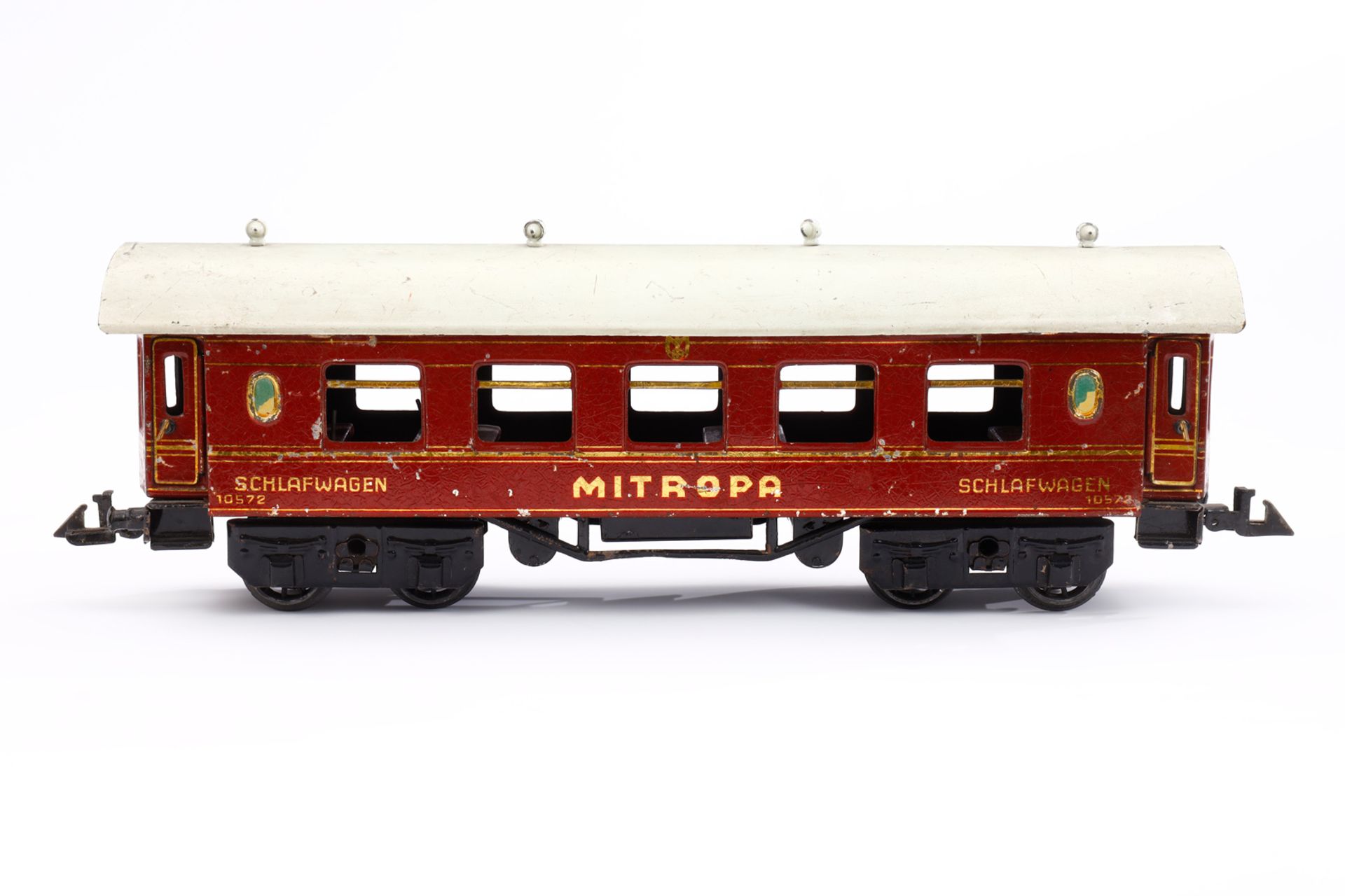 Bing Mitropa Schlafwagen, Spur 0, rot, mit Inneneinrichtung (NV), 4 AT und Gussrädern, LS,