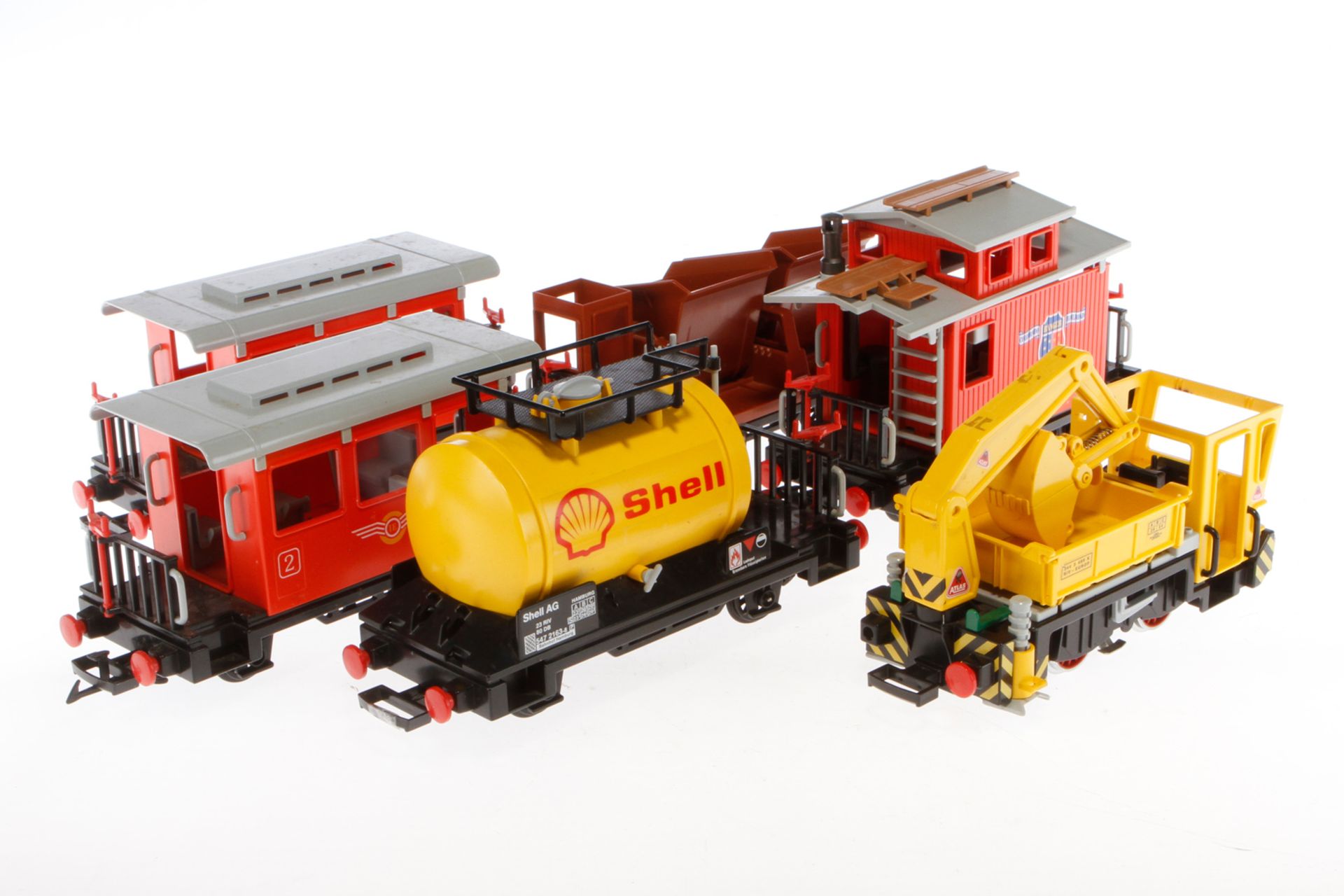 Konv. Playmobil Eisenbahn, Spur G, darunter Reparatur-Lok und 5 Wagen, Kleinteile tw NV,