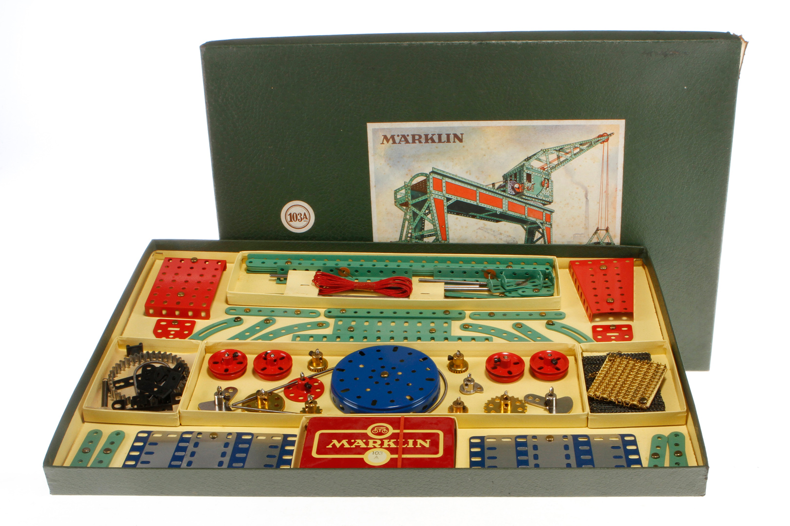 Märklin Metallbaukasten 103 A, farbig, wohl komplett, Alterungsspuren, im leicht besch. OK, sonst