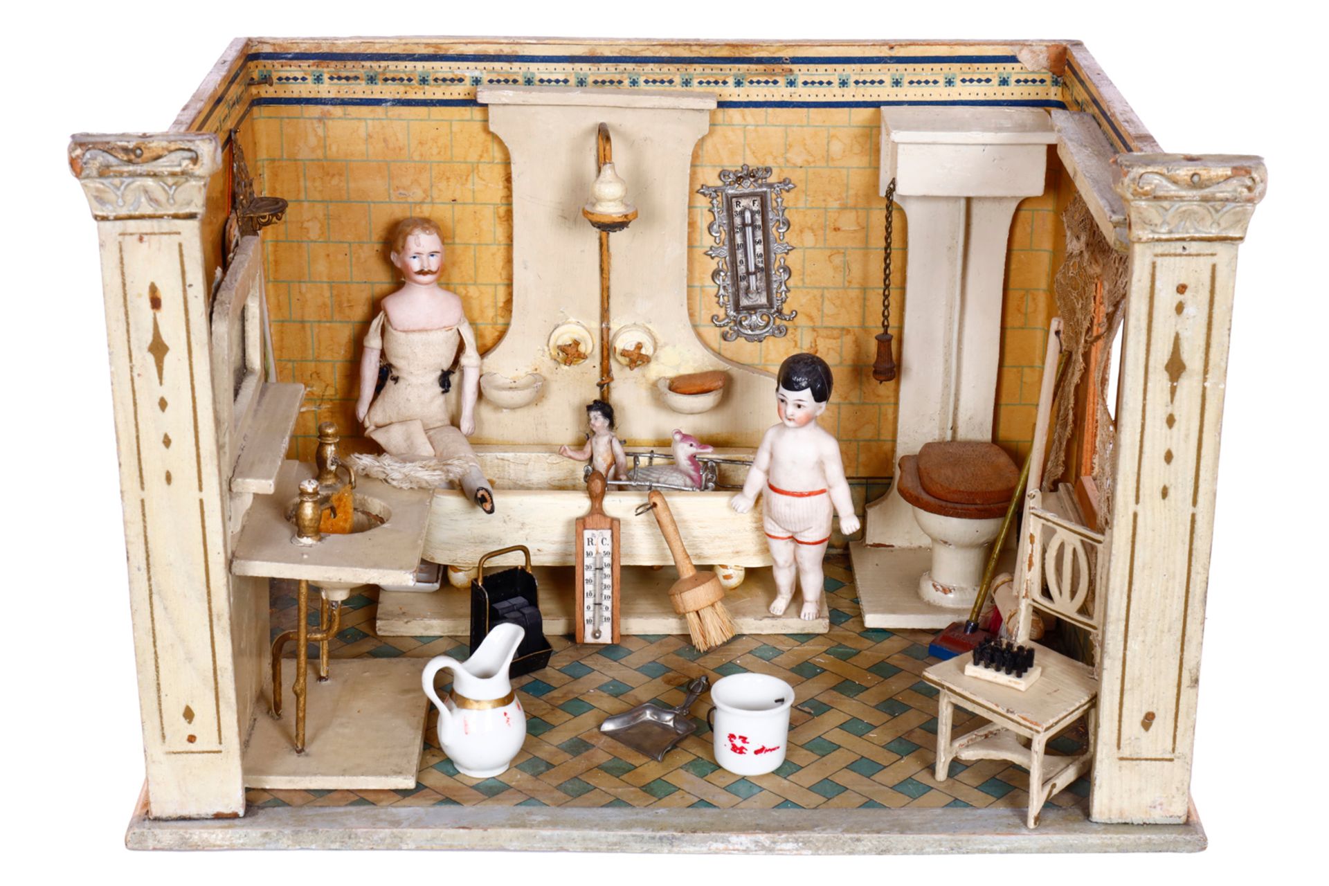 Seltenes GOTTSCHALK Puppen-Badezimmer, Originalbemalung, Original-Tapeten, mit originaler Gottschalk