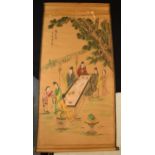 Japanese hanging scroll with character marks and traditional scenes, approx. 1.4 metres long and