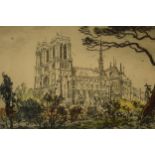 Framed coloured etching of Notre Dame Cathedral stamped 'Charcolograph Musee Louvre', signed in