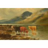 Henry Hadfield Cubley (British 1858-1934) oil on canvas in gilt frame 'Highland Cattle in Scottish