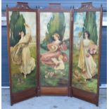 Late 19th / early 20th century 3-bay folding room screen with painted panels and pierced
