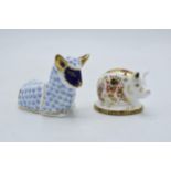 Royal Crown Derby paperweights in the form of an Imari Piglet and a lamb (2). First quality with