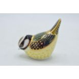 Boxed Royal Crown Derby paperweight in the form of a Bluetit. First quality with gold stopper. In