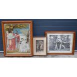 A trio of artwork to include large quality-framed religious tapestry, oak framed print and a