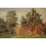 Framed oil painting on canvas of a country cottage and lady, signed 'F. Walker 1906', 25x35cm exc