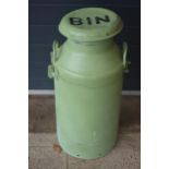 Vintage metal milk churn adapted into a bin with removable lid and hinged top, 75cm tall.