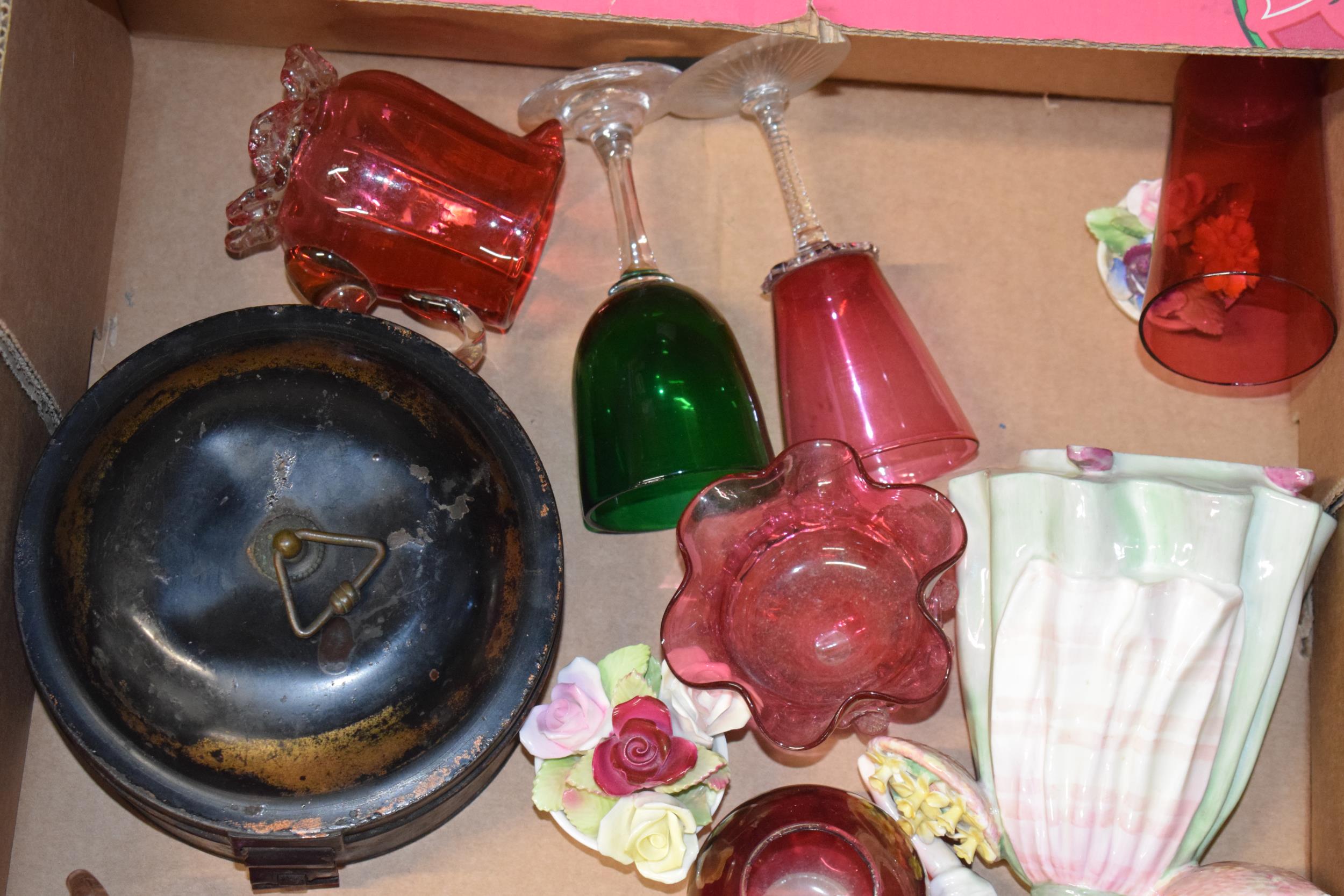 A collection of items to include cranberry glass, Doulton figure, antique metal spice drum with - Image 2 of 6