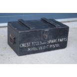 Early 20th century wooden box, painted black, 'Chest Tools and Spare Parts Mark VII D C Pistol'.