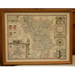 Framed reproduction John Speede map of Derbyshire 1610, hand coloured, 47 x 37cm inc frame.